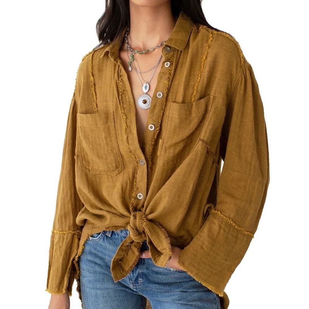 Free People We The Free Frayed Button Down Tunic Candied Walnut XS Oversized